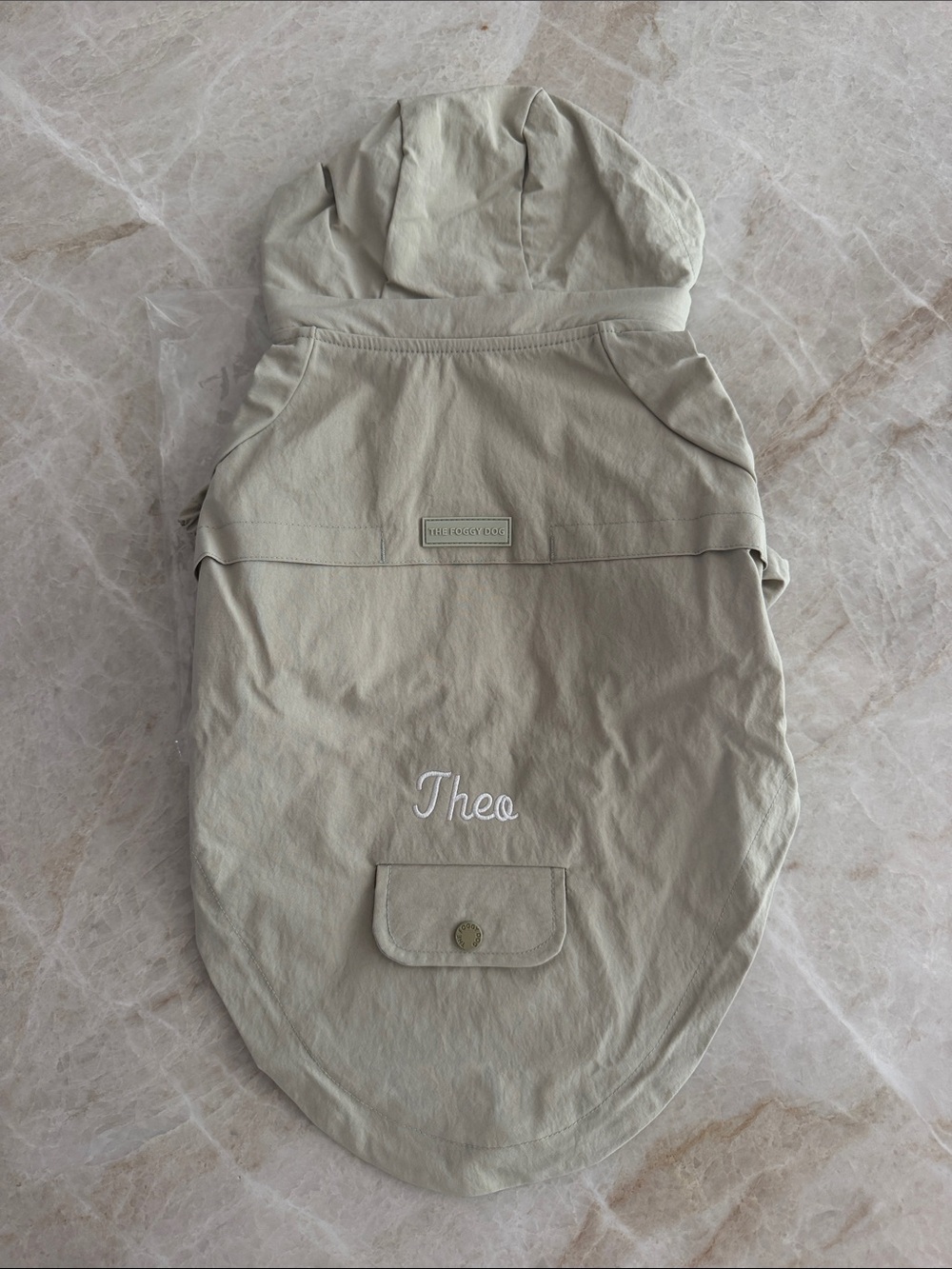 THE FOGGY DOG | Sage Raincoat | Size: Small | Embroidered “Theo”